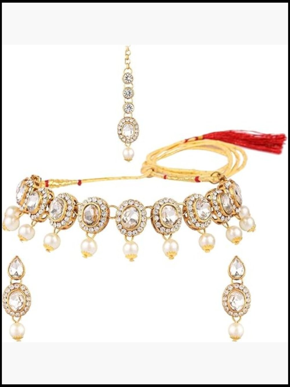 Indian Bridal Jewelry Set Crystal Faux Pearl Choker Earrings Maang Tikka